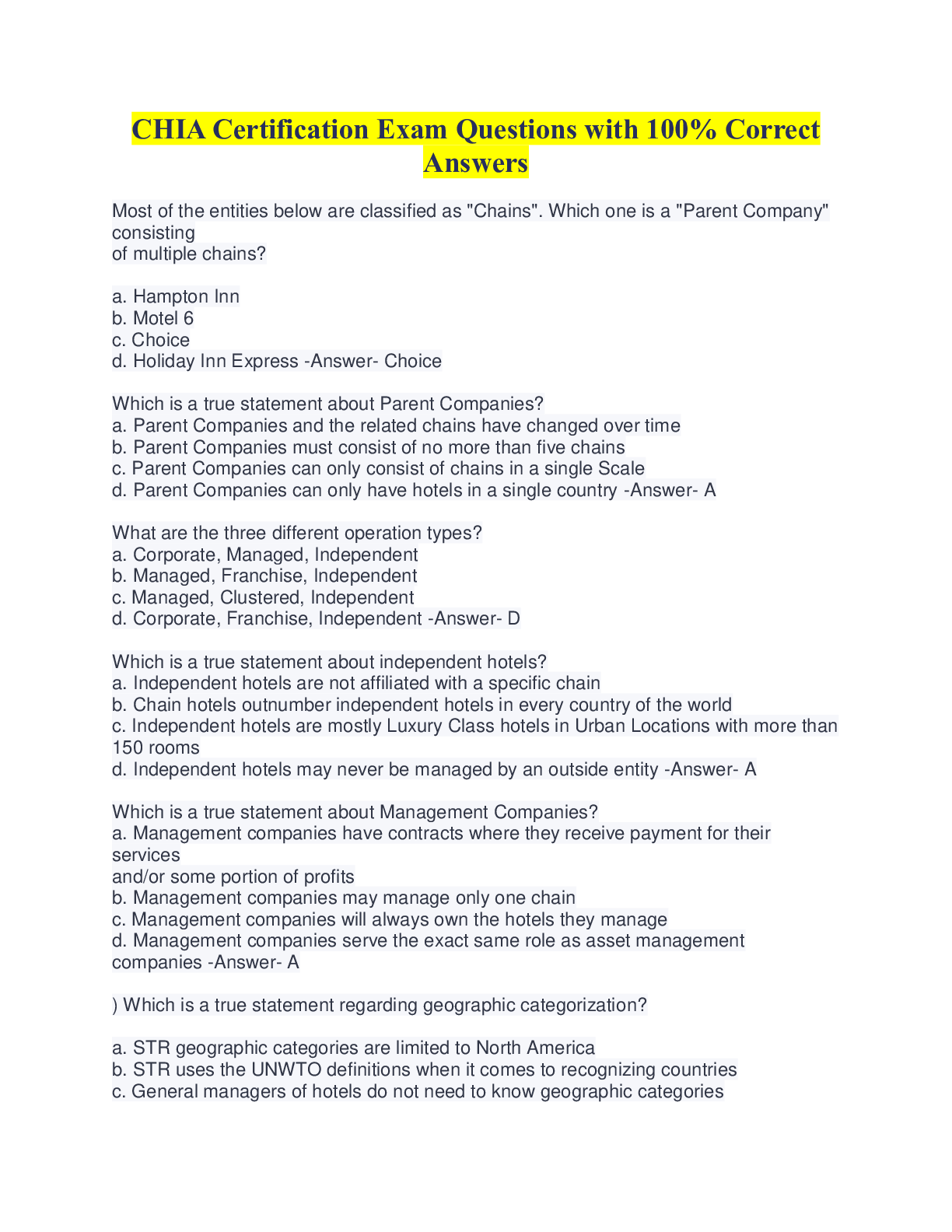 Preview image for CHIA Certification Exam Questions with 100% Correct Answers